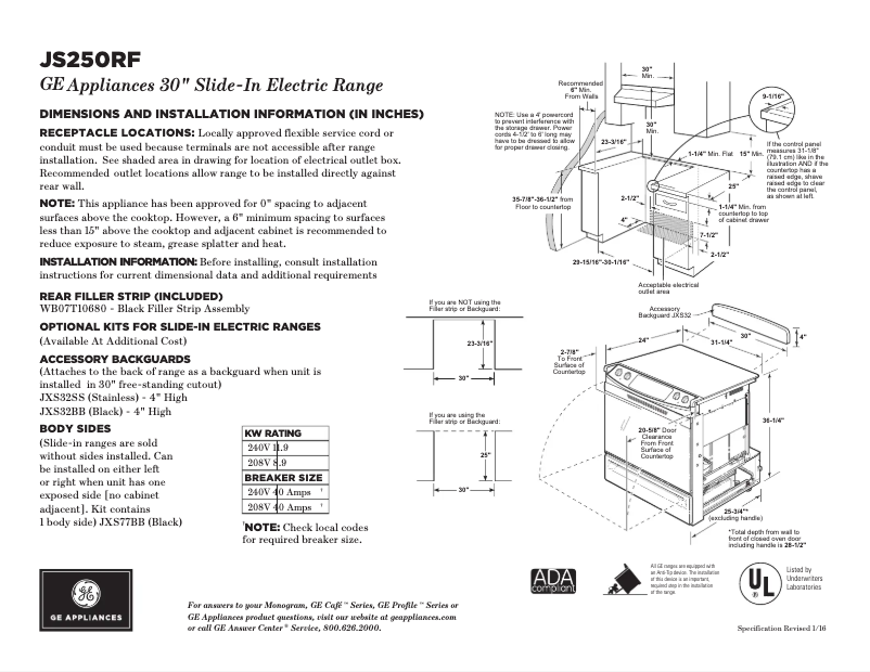 Page 1 of the manual Technical Sheet GE JS250RFSS