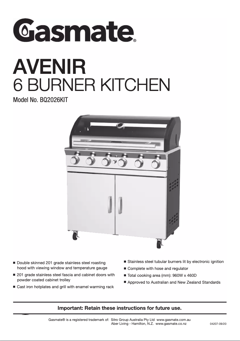 Page 1 de la notice Manuel utilisateur Gasmate Avenir BQ2026KIT