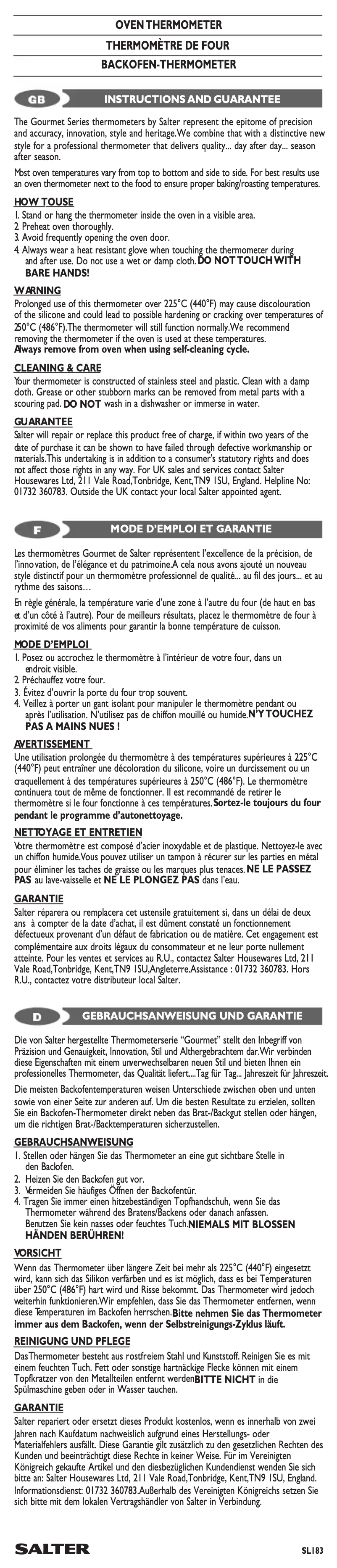 Page 1 de la notice Manuel utilisateur Salter SL183