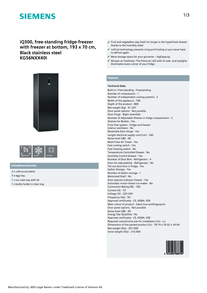 Page 1 de la notice Fiche technique Siemens KG56NXX40I