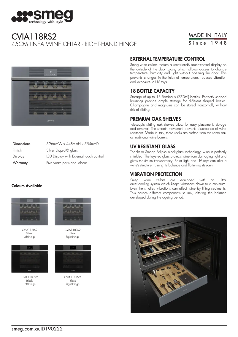 Page 1 de la notice Fiche technique Smeg CVIA118RS2