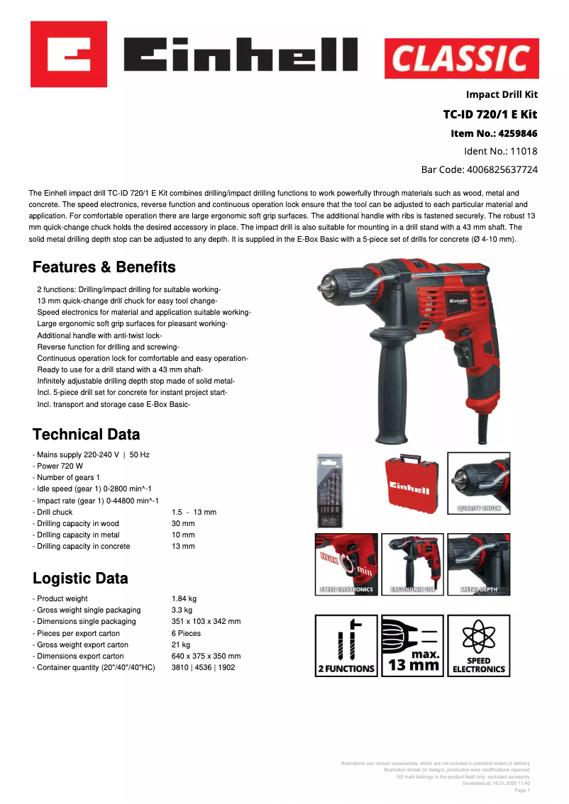 Página 1 del manual Ficha técnica Einhell TC-ID 720/1 E Kit