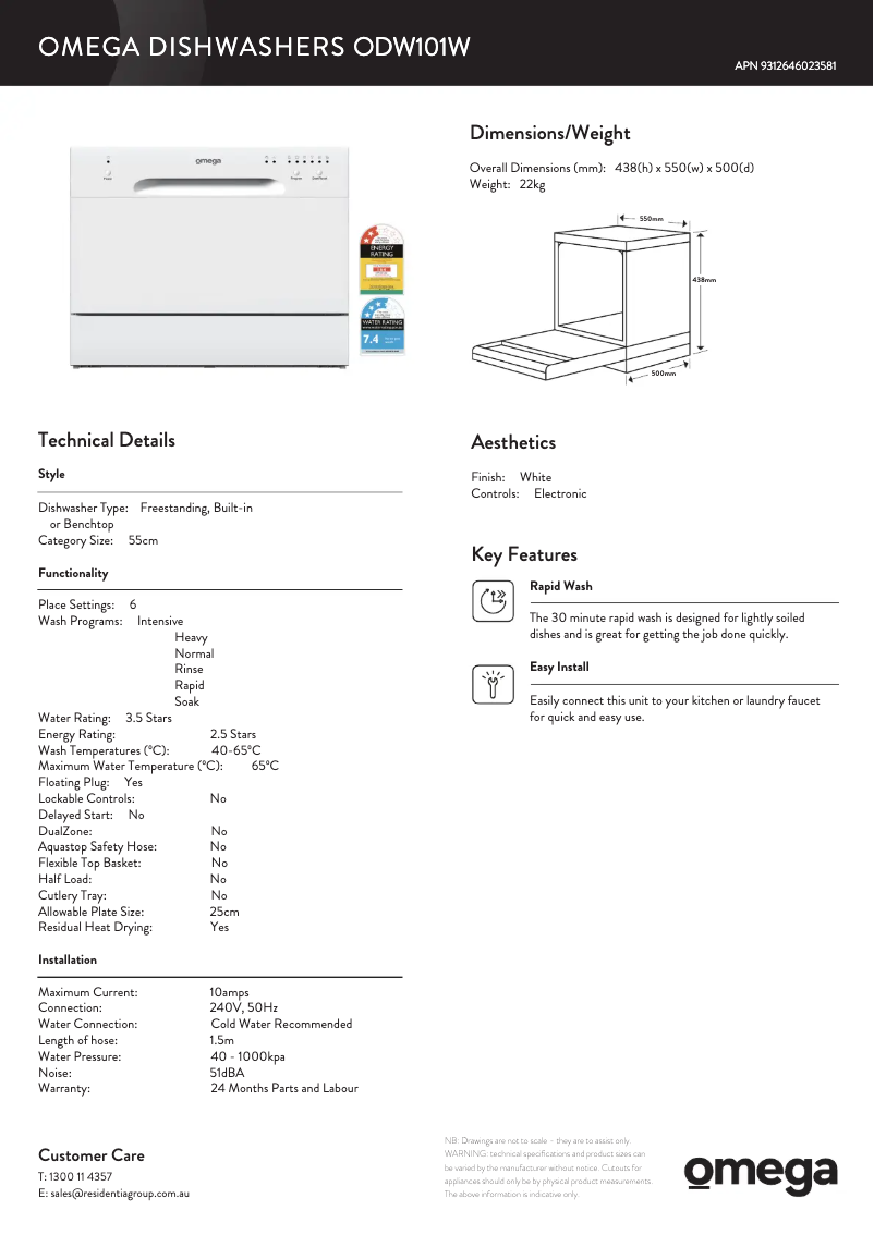 Page 1 of the manual Technical Sheet Omega ODW101W