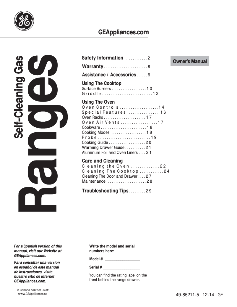 Page 1 of the manual Use and Maintenance Manual GE Profile PGB920DEFWW