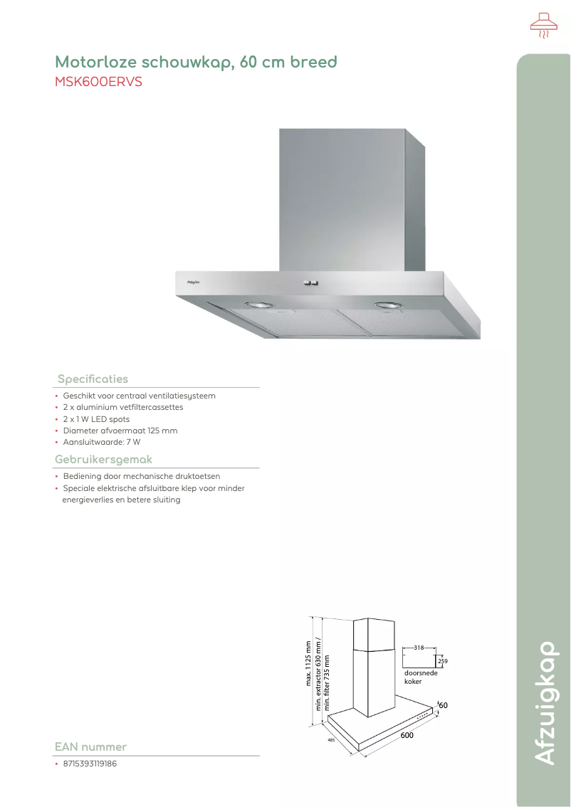 Page 1 de la notice Fiche technique Pelgrim MSK600ERVS