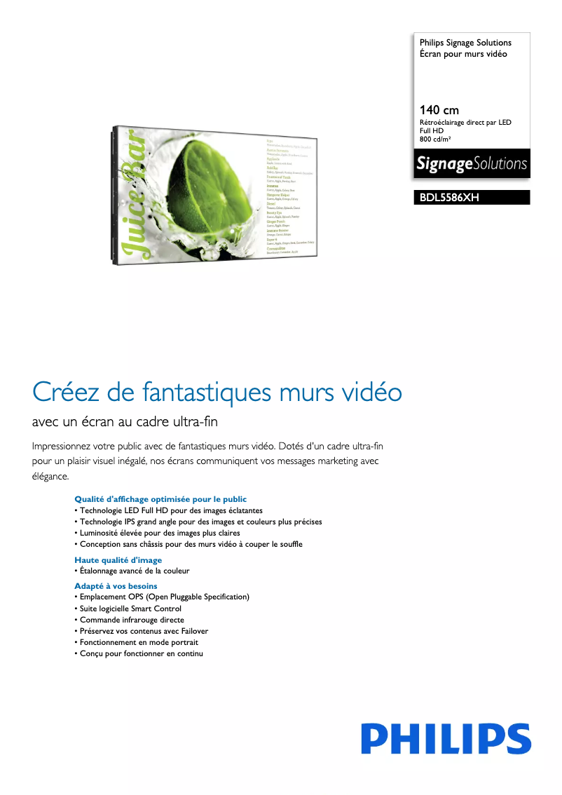 Image de la première page du manuel de l'appareil Signage Solutions BDL5586XH