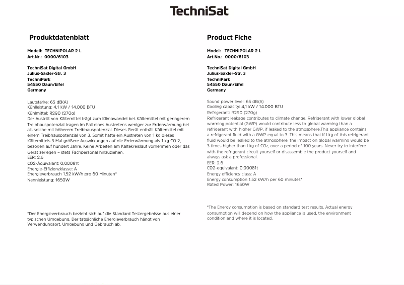 Page 1 de la notice Fiche technique TechniSat Technipolar 2 L