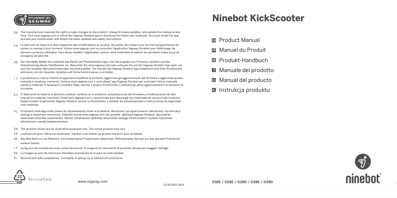Page 1 de la notice Manuel utilisateur Ninebot KickScooter D18E