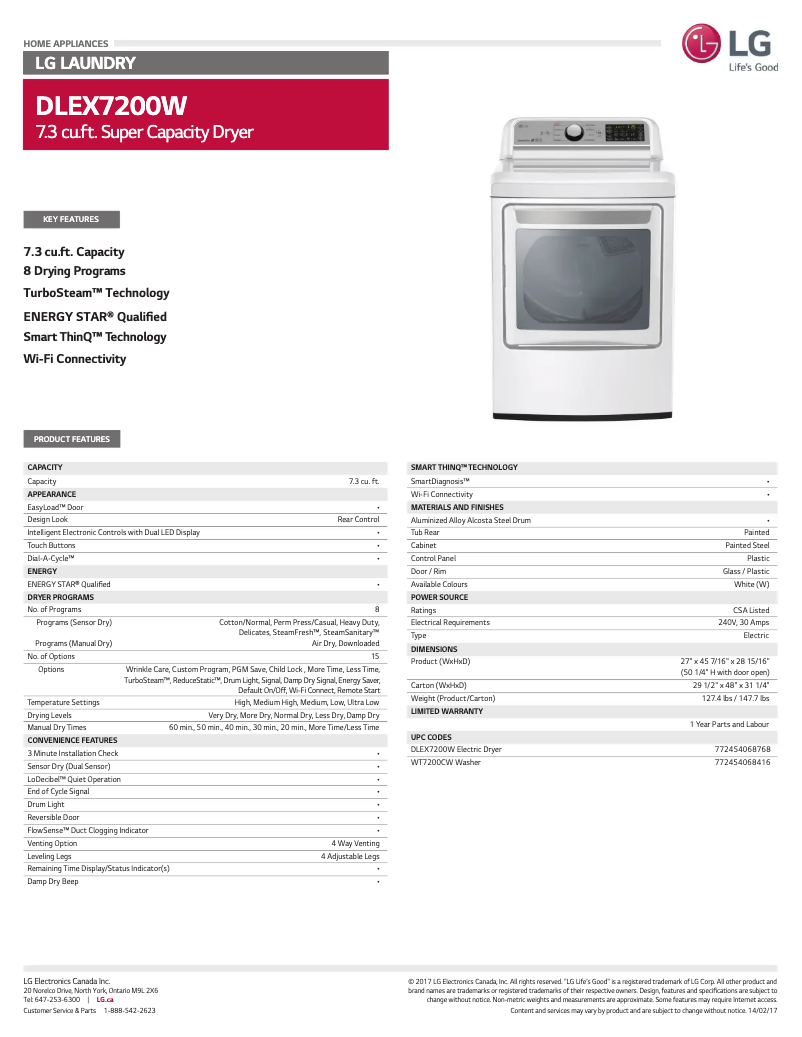 Page 1 de la notice Fiche technique LG DLEX7200W