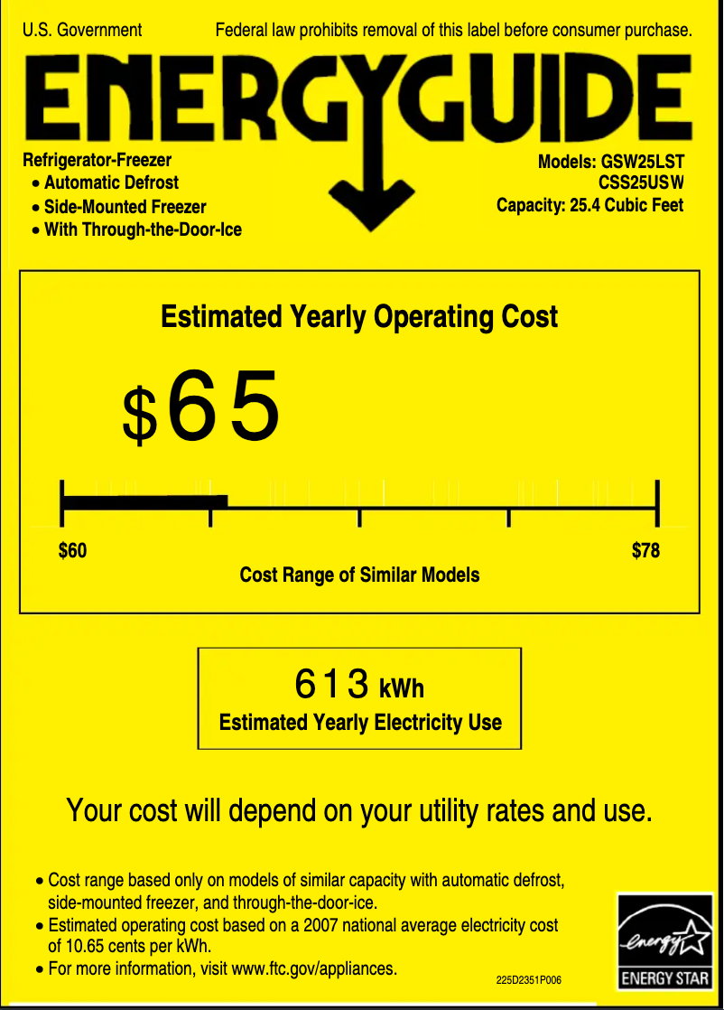 Page 1 de la notice Label énergétique GE GSW25LSTSS