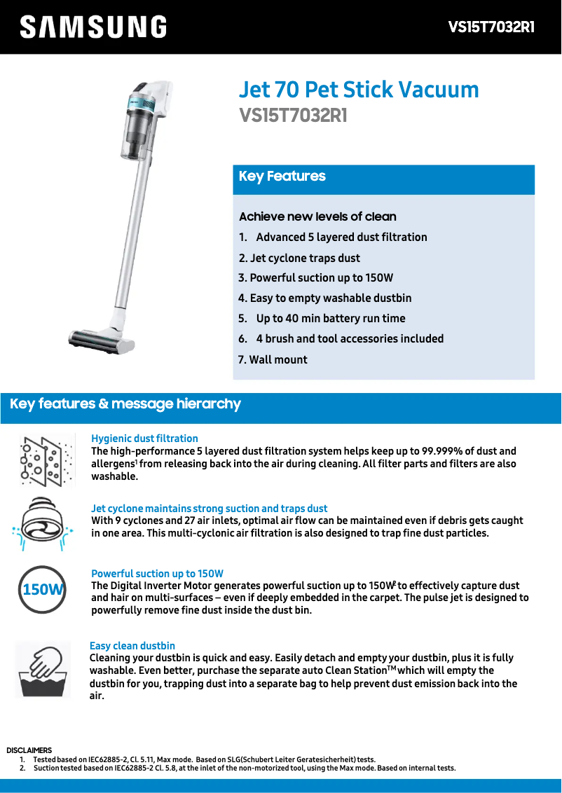 Page 1 de la notice Fiche technique Samsung Jet 70 Pet