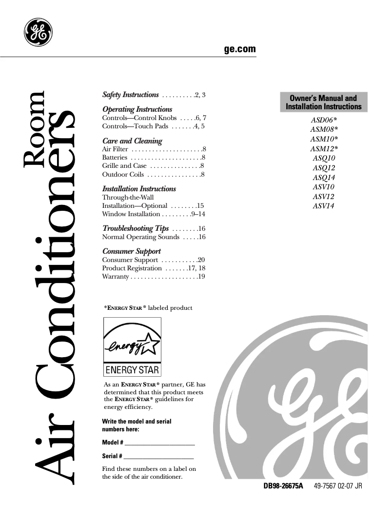 Page n°1 - Guide d'installation GE ASM12AK