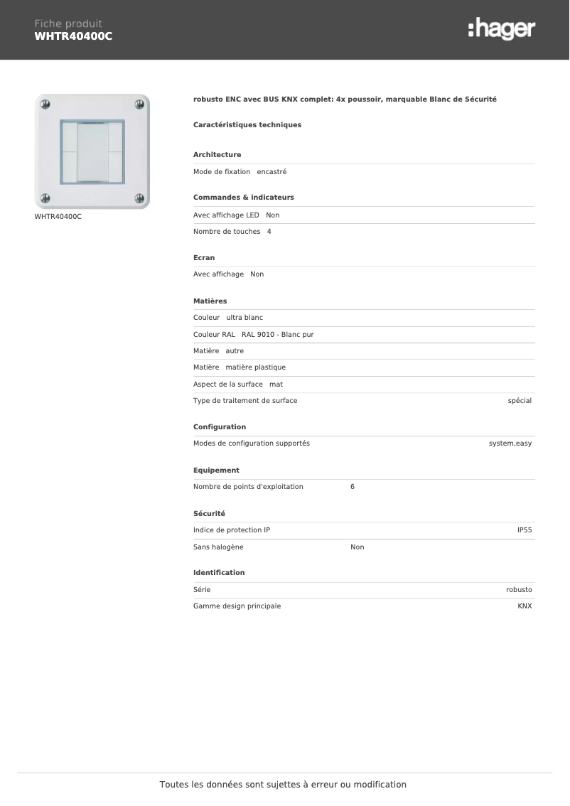 Página 1 del manual Ficha técnica Hager WHTR40400C