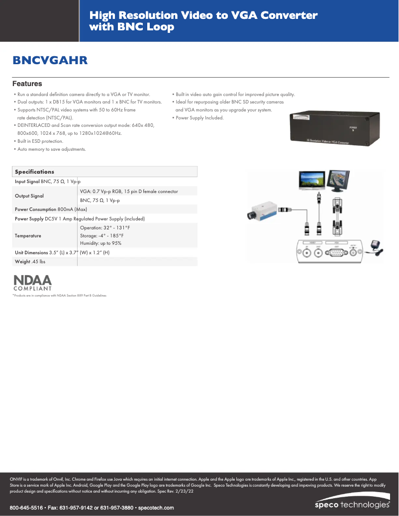 Page 1 de la notice Fiche technique Speco Technologies BNCVGAHR