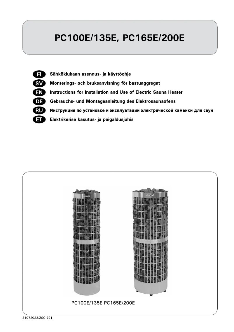 Page 1 de la notice Manuel utilisateur Harvia Cilindro Pro PC100E/135E HPCE100400