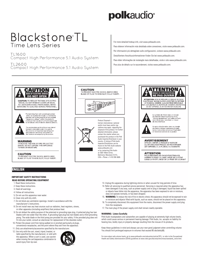 Page 1 de la notice Mode d'emploi Polk TL1600