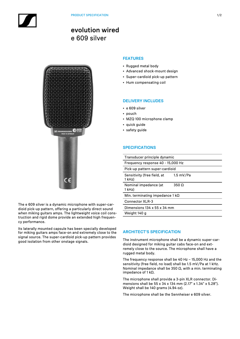Página 1 del manual Ficha técnica Sennheiser e 609