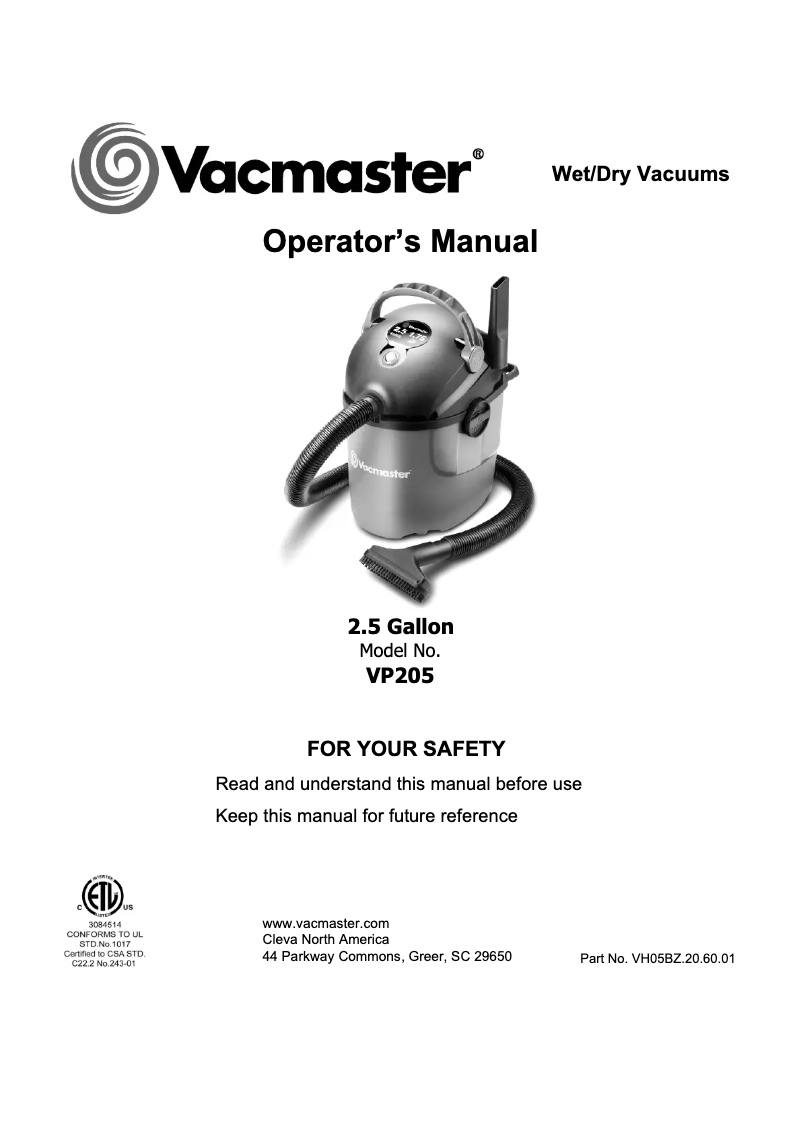 Page 1 de la notice Manuel utilisateur Vacmaster VP205