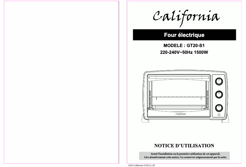 Page 1 de la notice Manuel utilisateur California GT20-S1