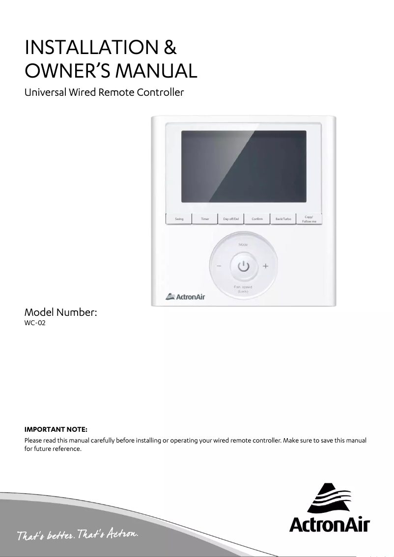 Page 1 of the manual User Manual ActronAir LRC-100CS
