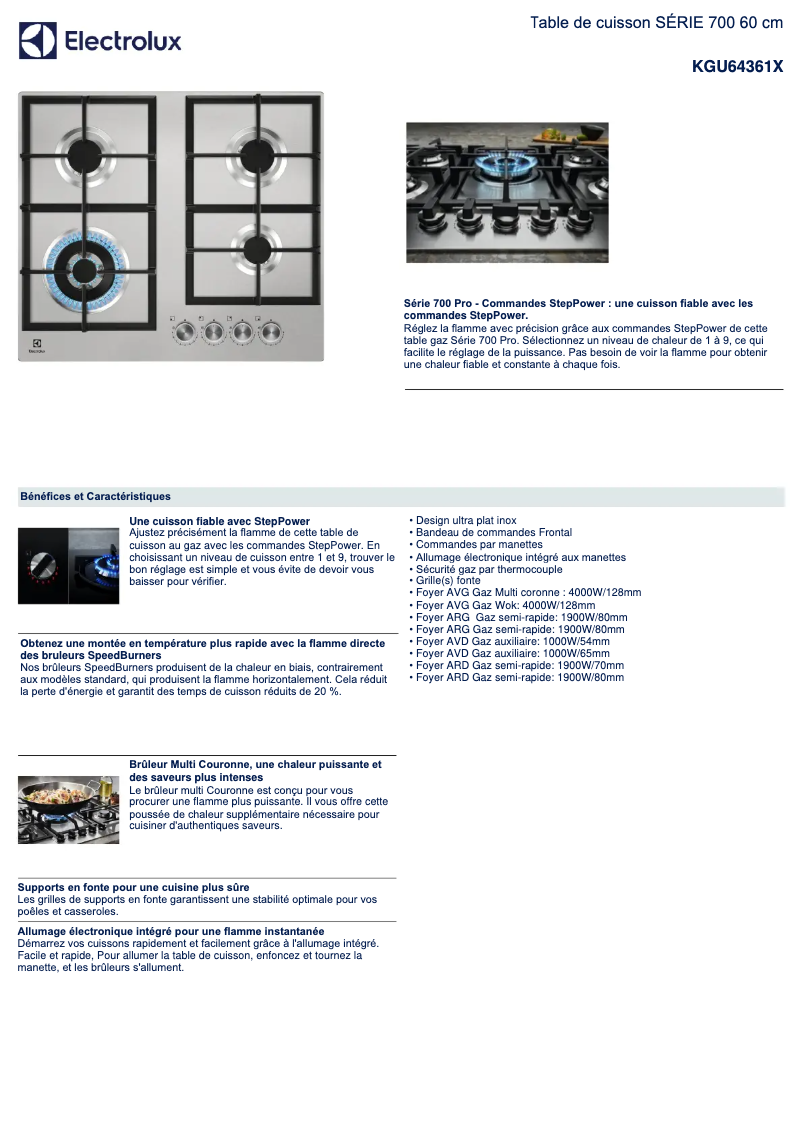Page 1 de la notice Fiche technique Electrolux KGU64361X