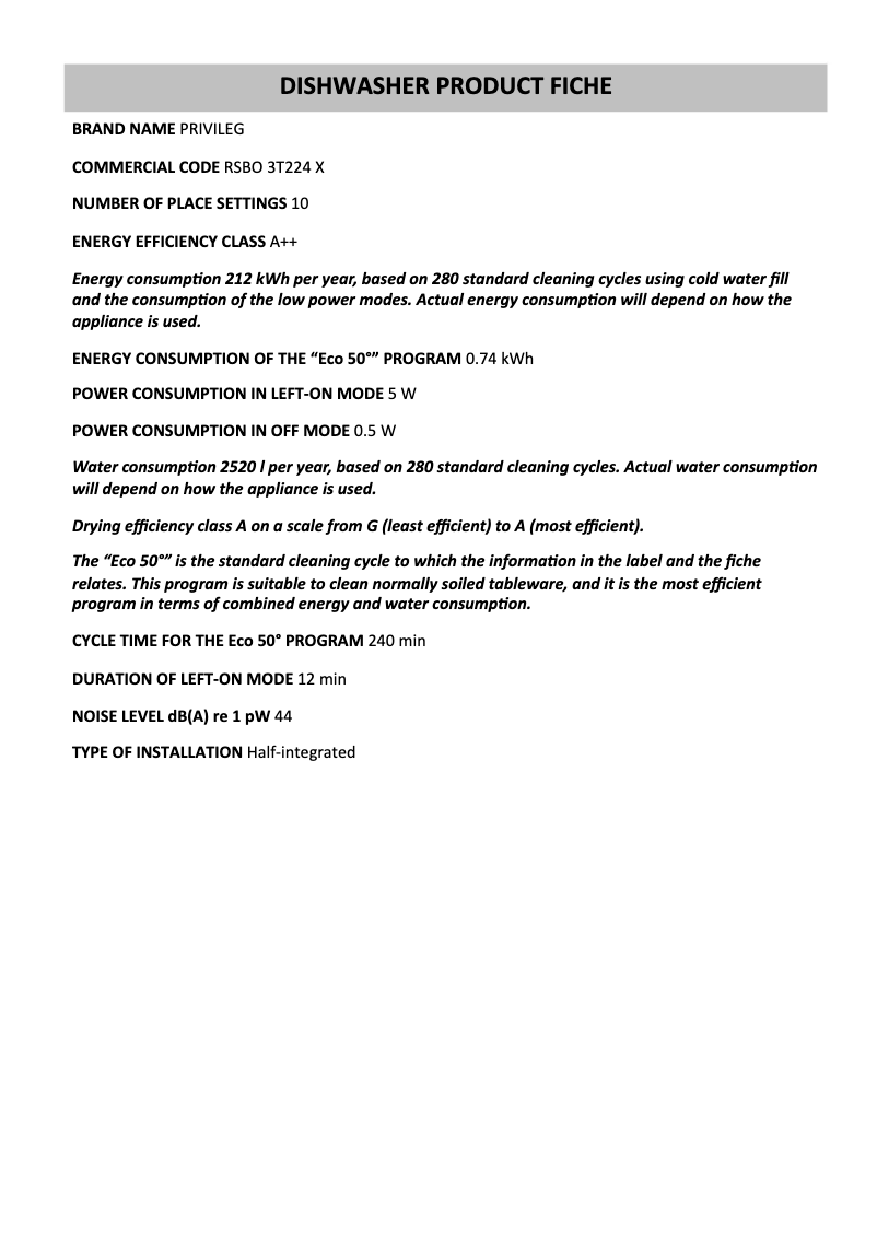 Página 1 del manual Ficha técnica Privileg RSBO 3T224 X