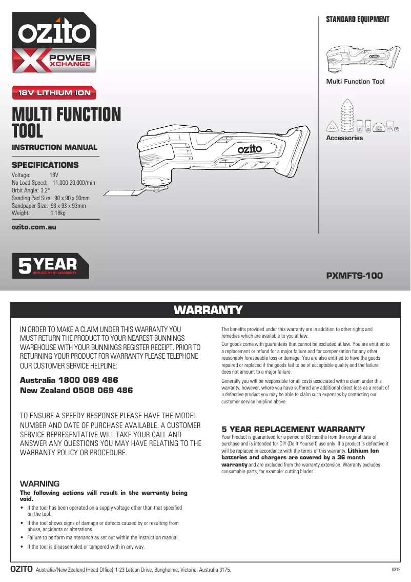Page 1 de la notice Mode d'emploi Ozito PXMFTK-200