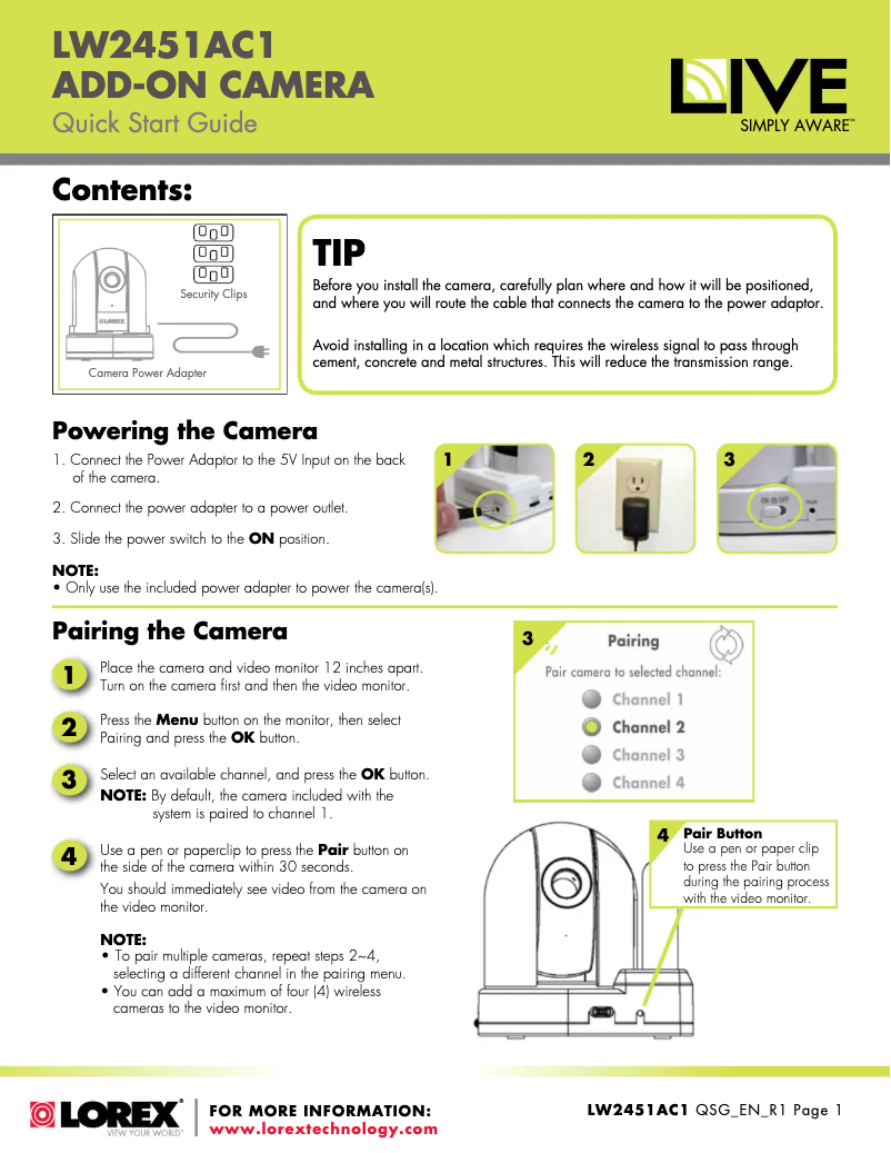 Page 1 de la notice Manuel utilisateur Lorex LW2451AC1