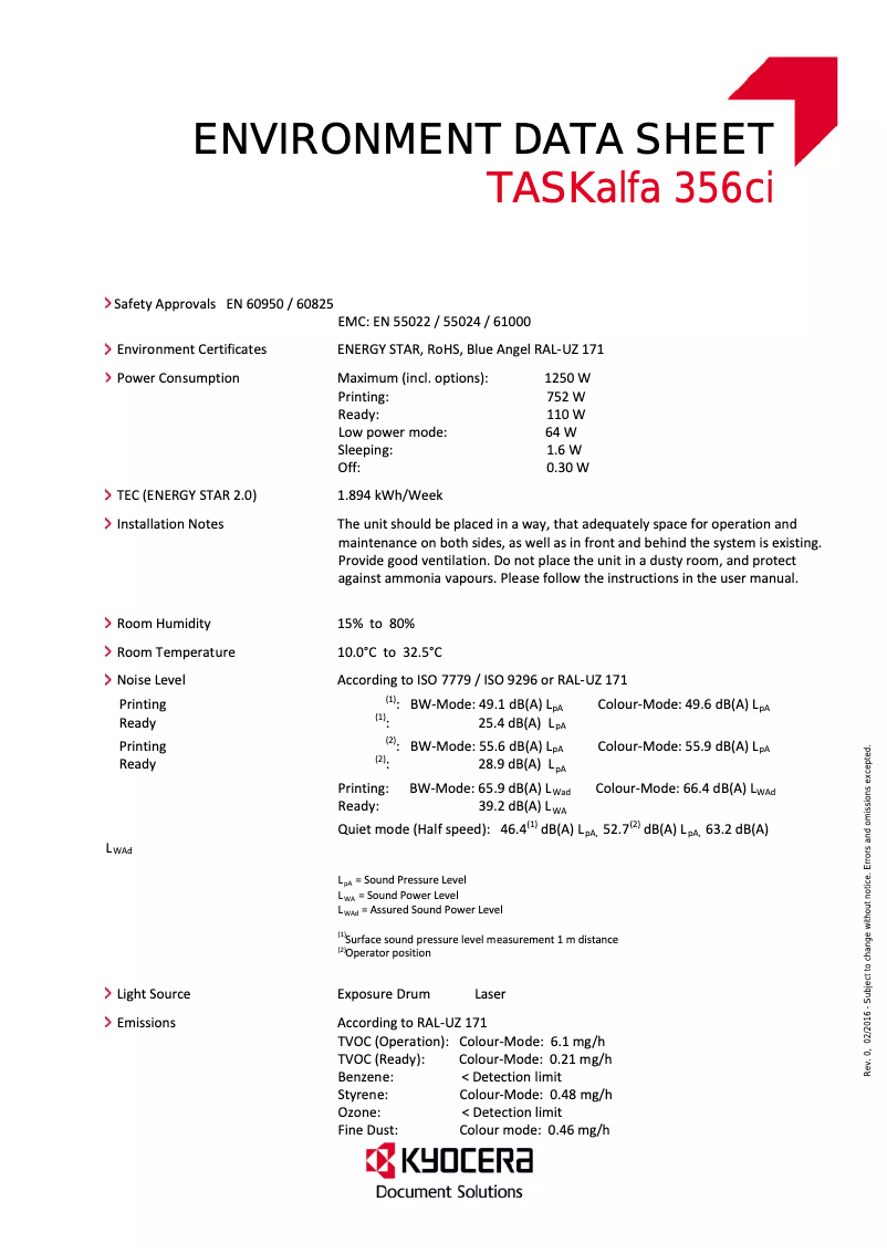 Page 1 de la notice Fiche technique Kyocera TASKalfa 356ci