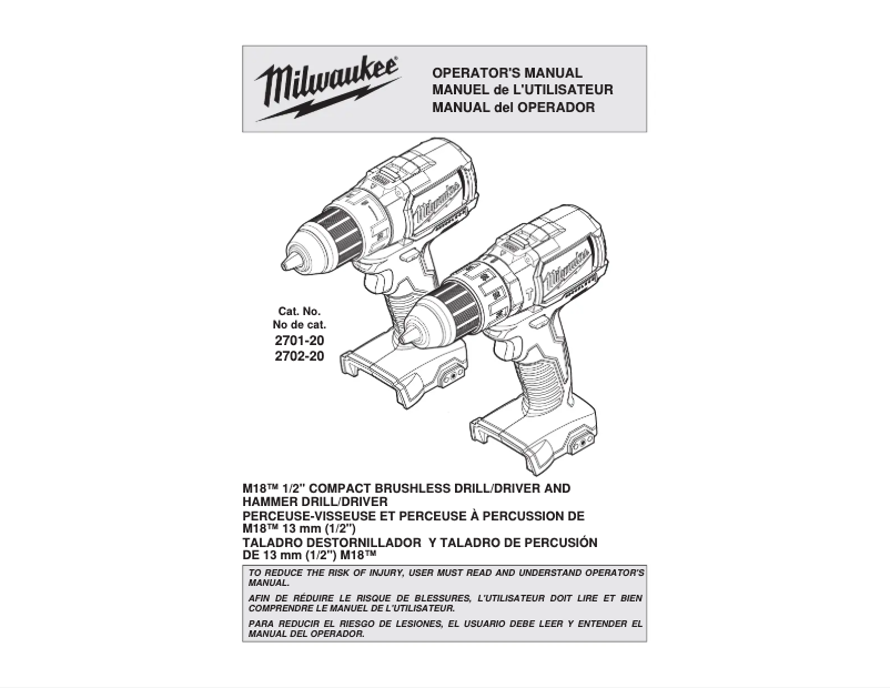 Page 1 de la notice Manuel utilisateur Milwaukee 2701-20