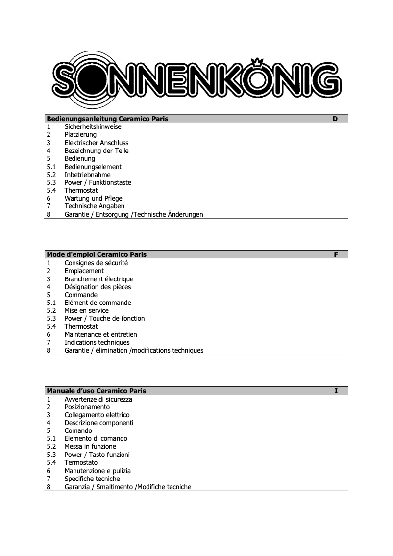 Page 1 de la notice Manuel utilisateur Sonnenkönig Paris