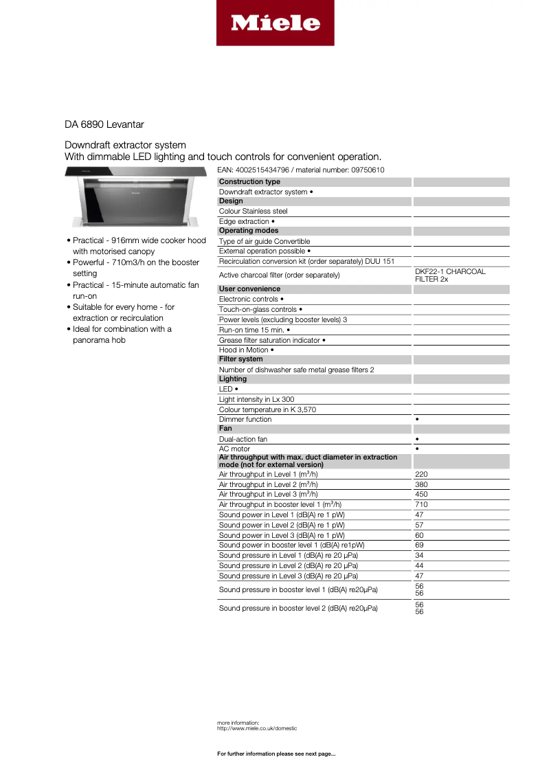 Página 1 del manual Ficha técnica Miele DA 6890
