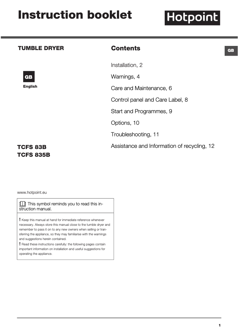 Página 1 del manual Manual de usuario Hotpoint TCFS 83B GK.9 (UK)