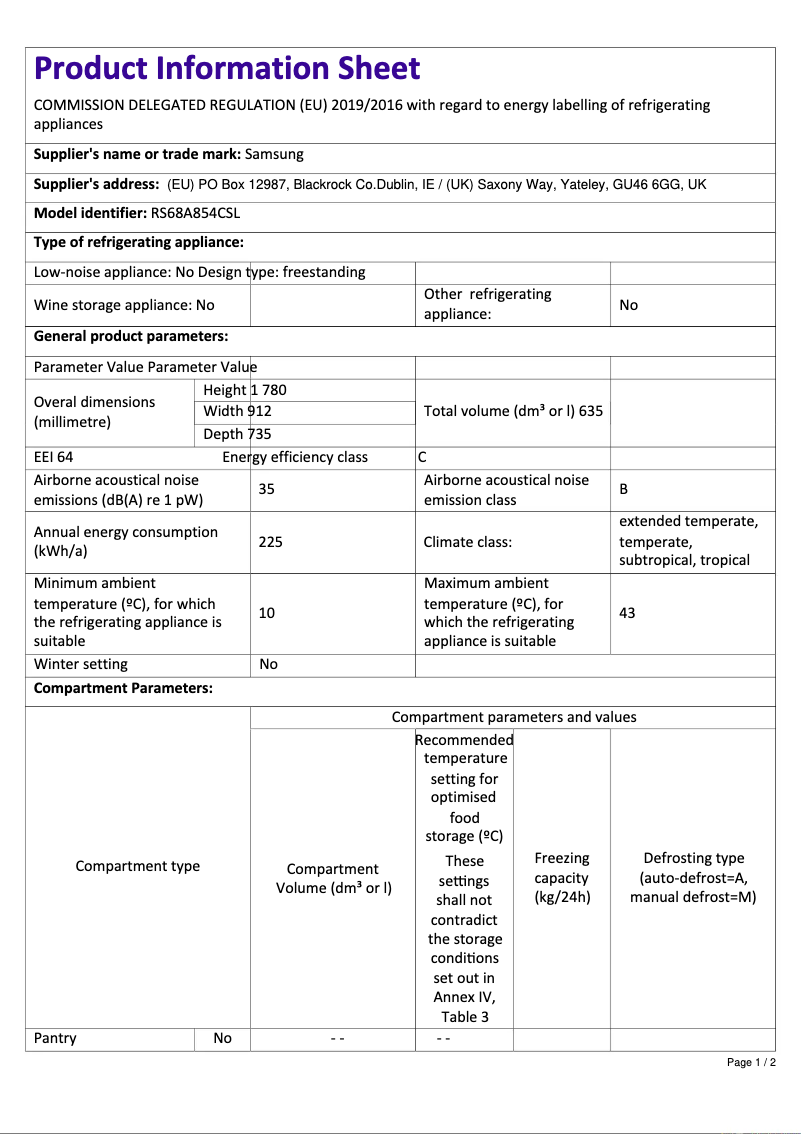 Página 1 del manual Ficha técnica Samsung RS68A854CSL