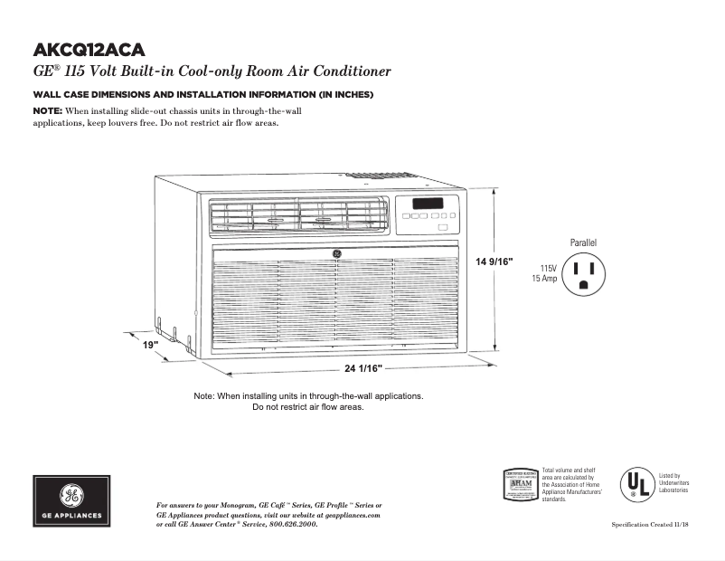 Página 1 del manual Ficha técnica GE AKCQ12ACA