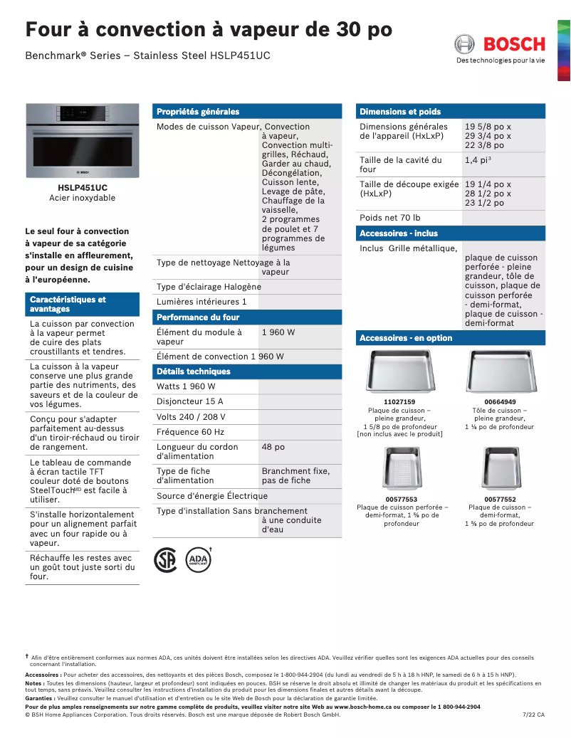 Page 1 of the manual Technical Sheet Bosch HSLP451UC