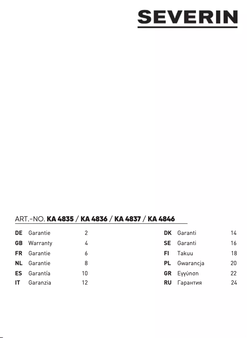 Page 1 de la notice Informations de garantie Severin KA 4835