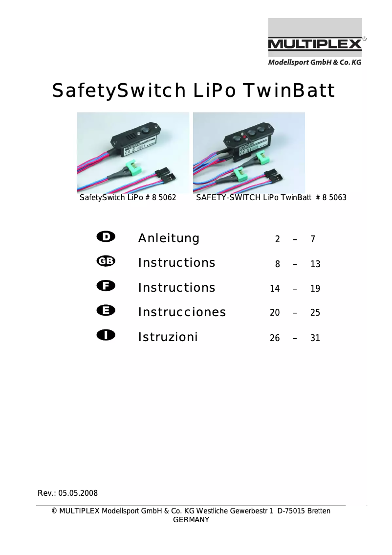 Page 1 de la notice Manuel utilisateur Multiplex Safety-Switch LiPo TwinBatt