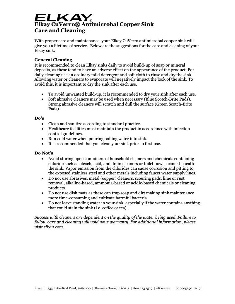 Page 1 de la notice Manuel d'utilisation et d'entretien Elkay CuVerro LRAD2521553-CU