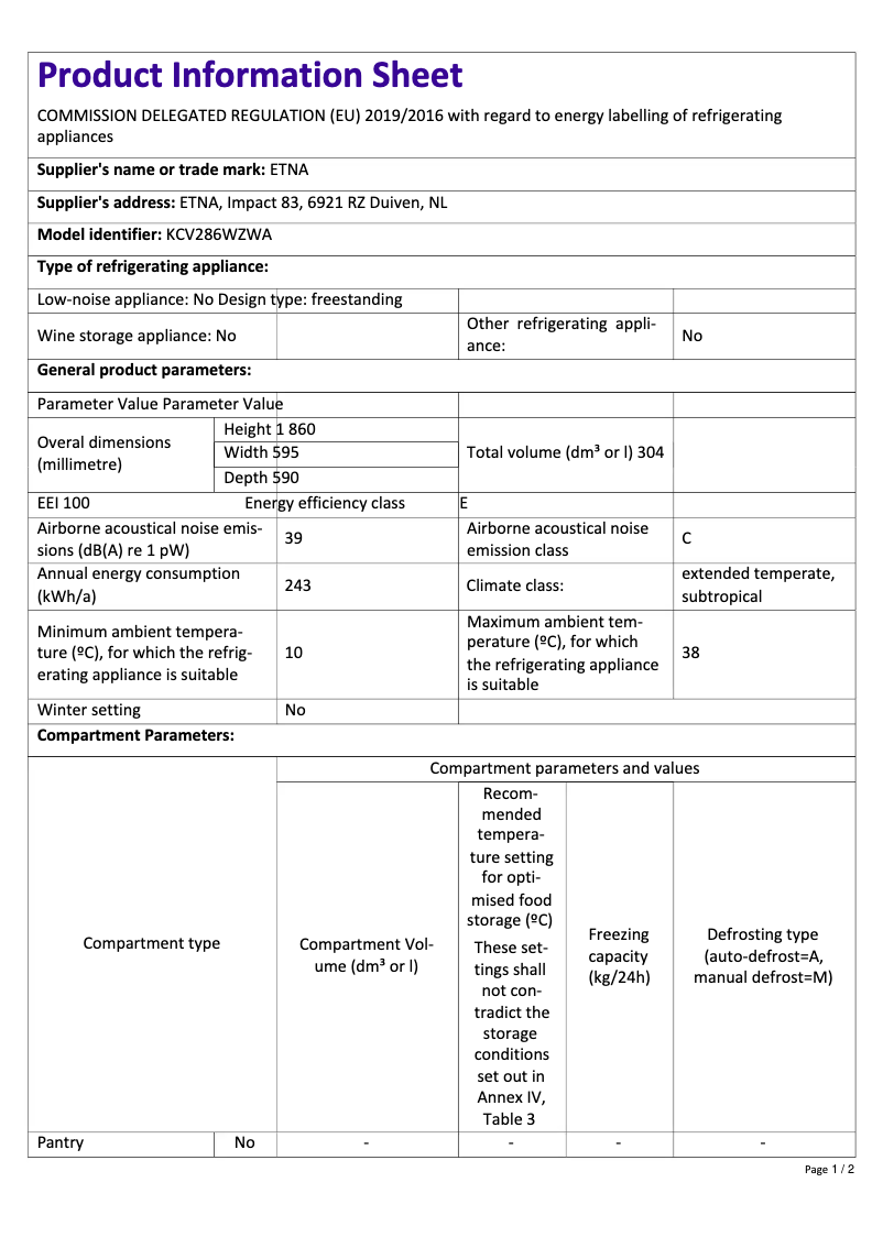 Página 1 del manual Ficha técnica Etna KCV286WZWA