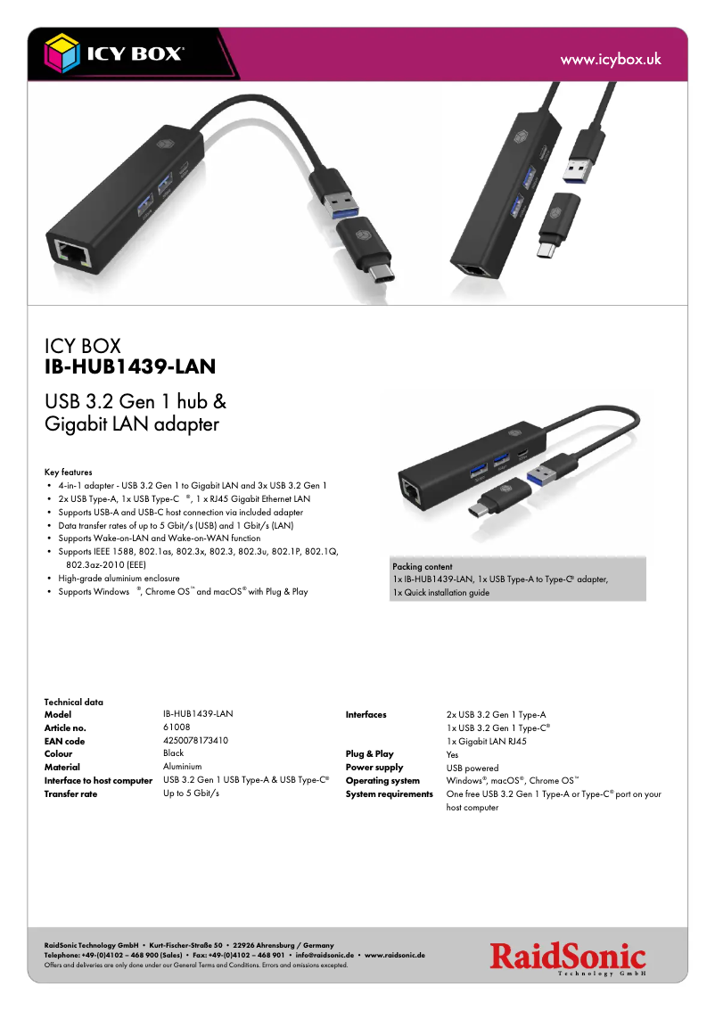 Page 1 de la notice Fiche technique Icy Box IB-HUB1439-LAN