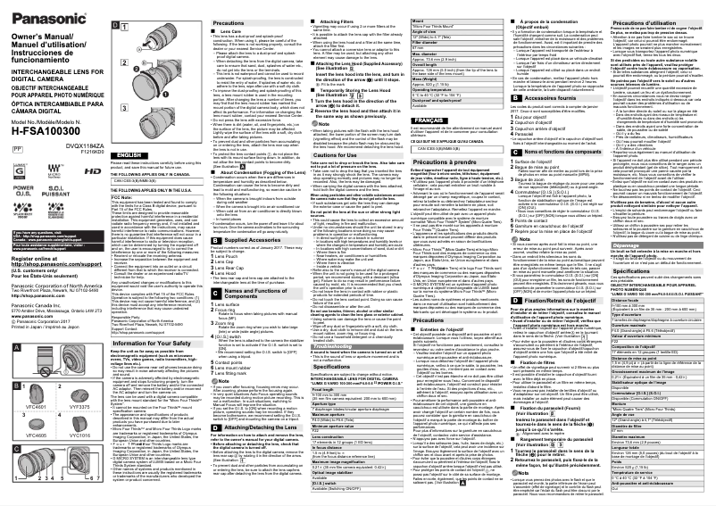 Page 1 de la notice Manuel utilisateur Panasonic Lumix G Vario 100-300mm f/4-5.6