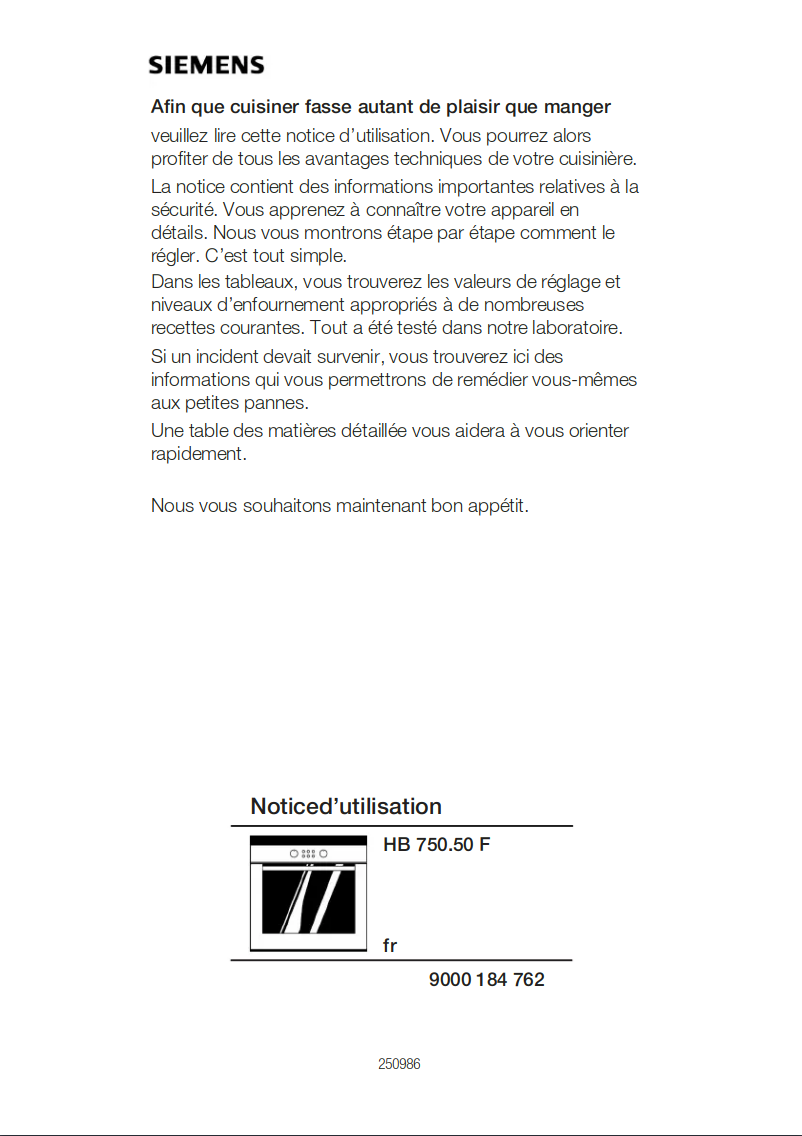 Page 1 de la notice Mode d'emploi Siemens HB750550F