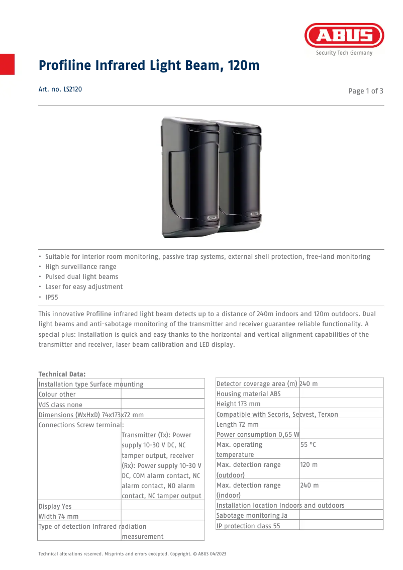Page 1 of the manual Technical Sheet Abus LS2120