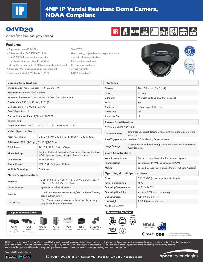Page 1 of the manual Technical Sheet Speco Technologies O4VD2G