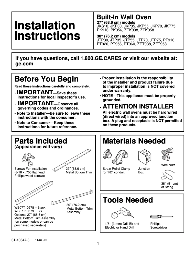 Page 1 de la notice Guide d'installation GE ZEK938SFSS