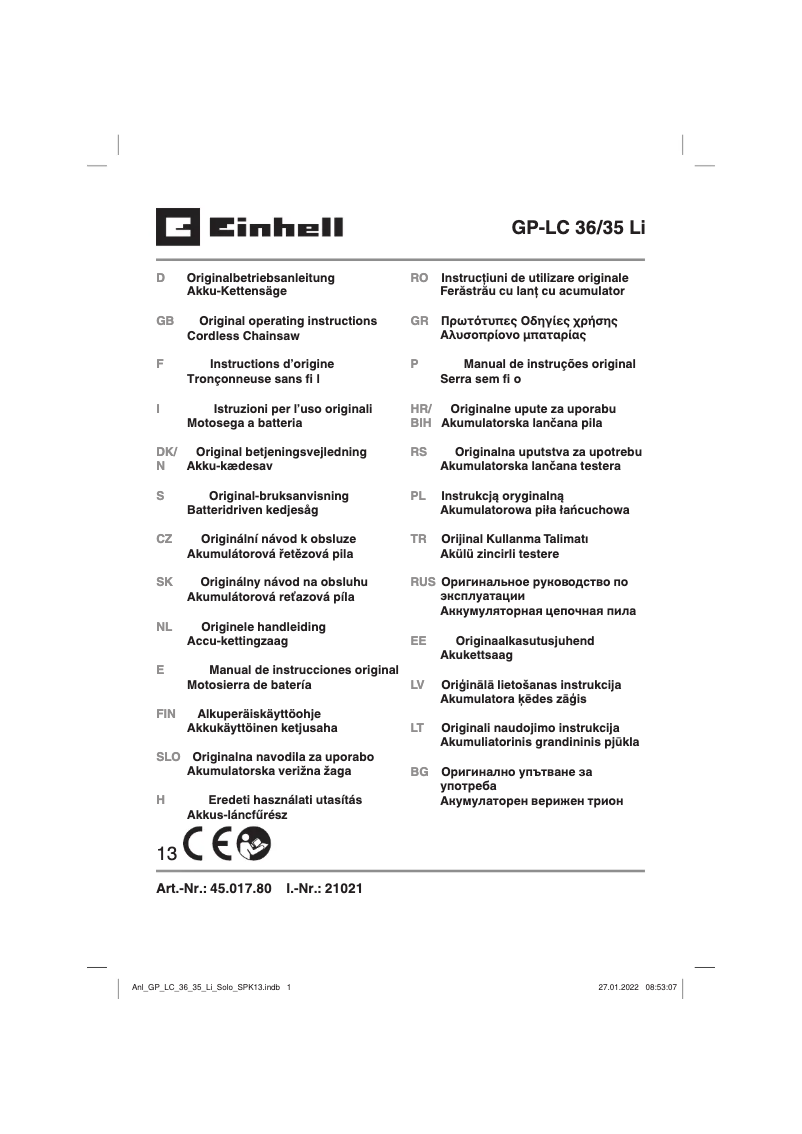 Page 1 de la notice Manuel utilisateur Einhell GE-LC 36/35 Li