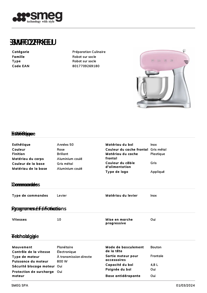 Page 1 de la notice Fiche technique Smeg SMF02