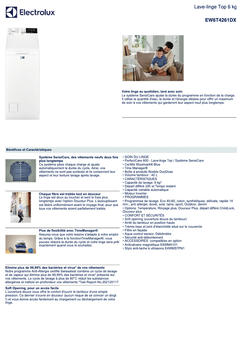 Page 1 de la notice Fiche technique Electrolux EW6T4261DX