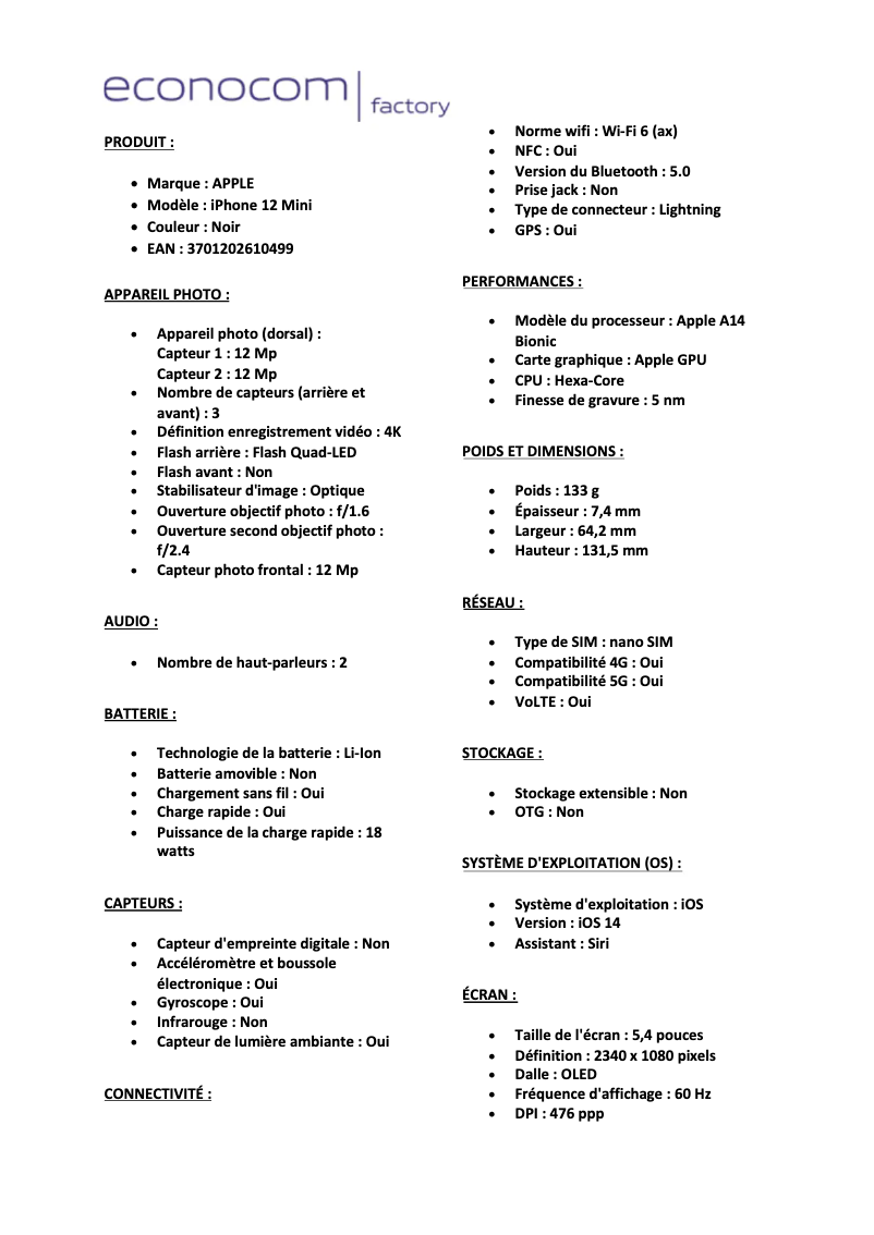 Page 1 de la notice Manuel utilisateur Apple iPhone 12 Mini 